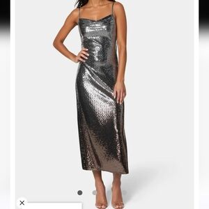 Bebe Black And Siver Ombre Sequin Maxi Spagetti Strap Slip Dress - Size Medium